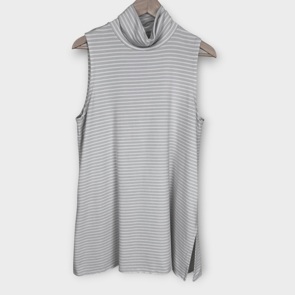 Garnet Hill‎ Tunic Top Womens Large Beige White Striped Cowl Neck Sleeveless